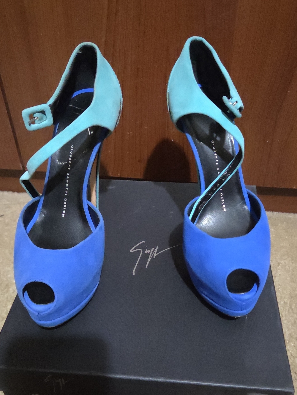 Giuseppe Zanotti Blue & Teal Suede Peep-Toe Ankle-Strap Heels